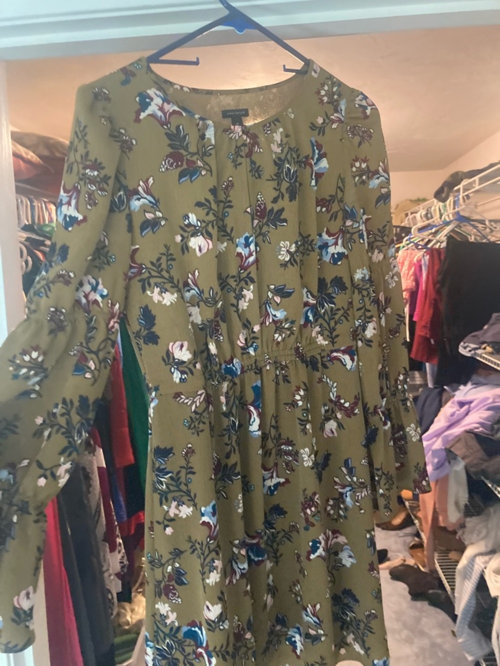 Ann Taylor Olive Green Floral Long-Sleeve Dress